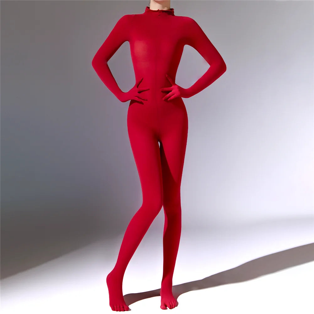 Plus Size Sexy Women 120D Five Finger Glove Sleeve Bodysuit Seamless Tight Warm High Elastic Shaping Cosplay Unisex Fit Jumpsuit