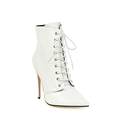 Sexy Ankle Cowboy Boots For Women Dance Shoes Fashion Snake Red White Black High Heels Lace Up Short Boot Autumn Large Size