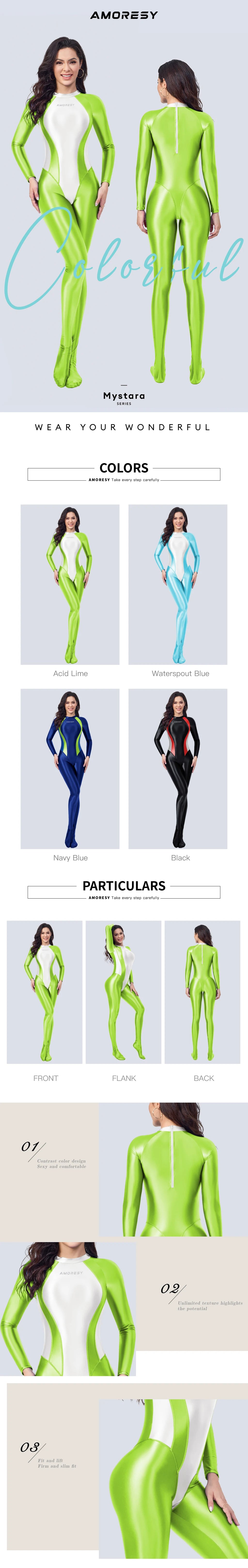 AMORESY satin Glossy Tights Long sleeved color blocked tight jumpsuit XClocKNYoung series Hot Spring Sports Yoga Tights