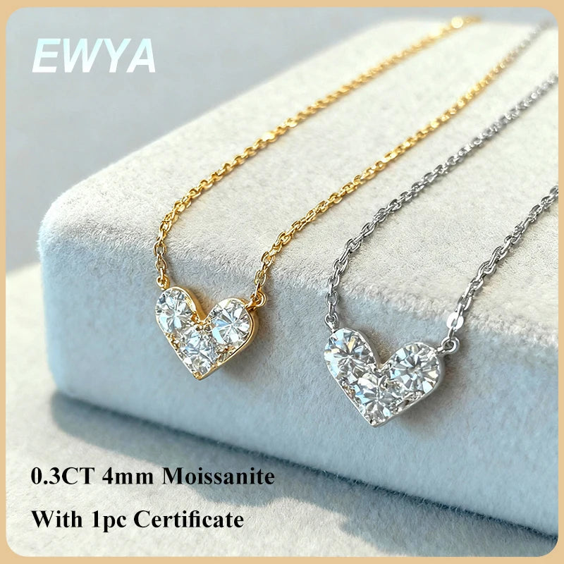 EWYA 3-Stone Round Cut Full Moissanite Pendant Necklace Heart Shape for Woman 925 Silver Certified Lab Diamond Lucky Neck Chain