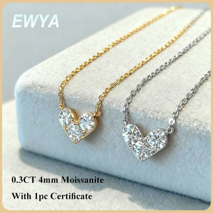 EWYA 3-Stone Round Cut Full Moissanite Pendant Necklace Heart Shape for Woman 925 Silver Certified Lab Diamond Lucky Neck Chain