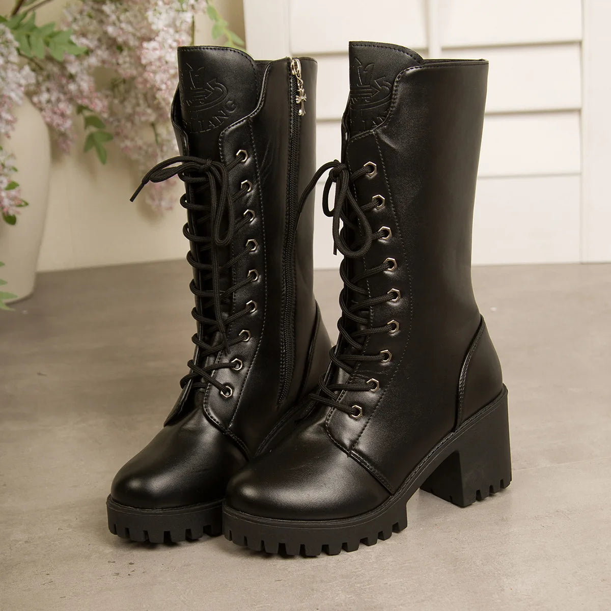 Autumn Women's Mid Calf Boots Chunky Heel Round Toe Platform Boots Black Leather Side Zip Botas Mujer Large Size 35-43 Fashion