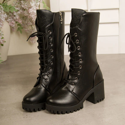 Autumn Women's Mid Calf Boots Chunky Heel Round Toe Platform Boots Black Leather Side Zip Botas Mujer Large Size 35-43 Fashion