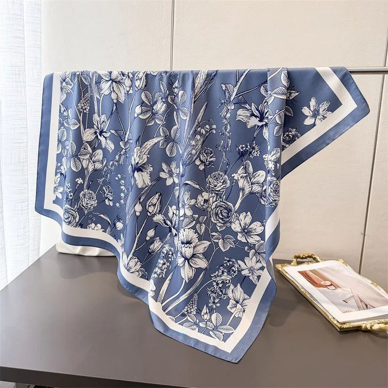 2026 Luxury Brand Square Scarf Design Shawl Wrap 90cm Print Twill Silk Women Hijab Female Foulard Headband Bandana