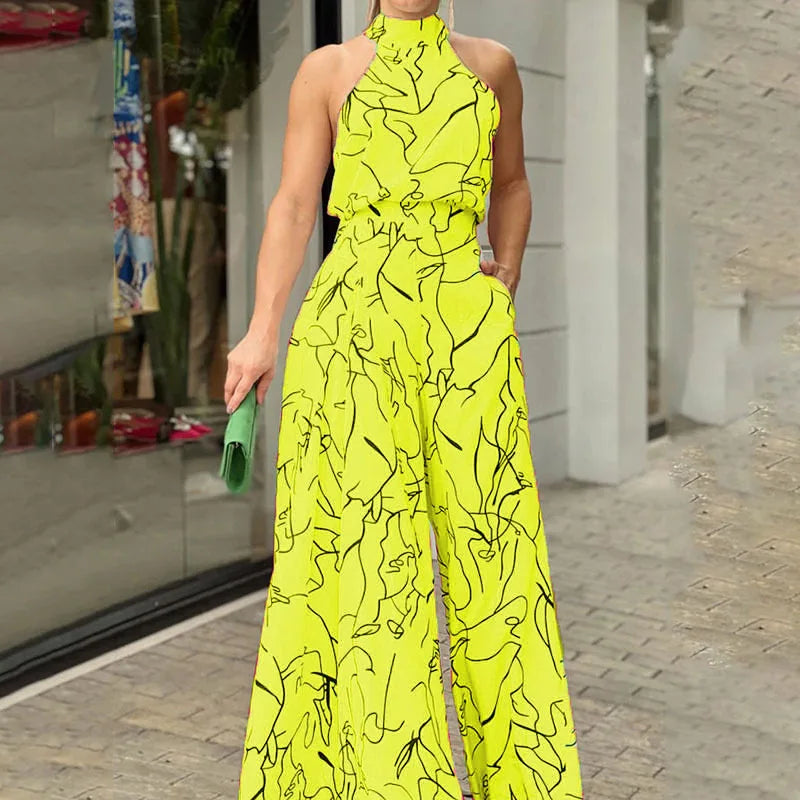 Summer European and American women's wear with elegant waist-cinching sash-tie sleeveless off-shoulder long pants printed jumps