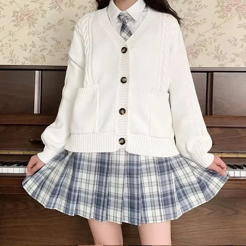 School Autumn Winter Lazy Style Japanese JK Knit Cardigan Loose College Sweater Plaid Skirt Matching Set For Campus Daily Class