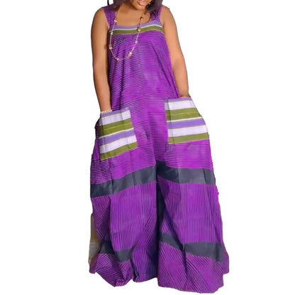 Jumpsuits Women Sling One Piece Print Striped Sleeveless Overalls Wide Leg Long Pants Loose Casual Rompers Elegant Splice