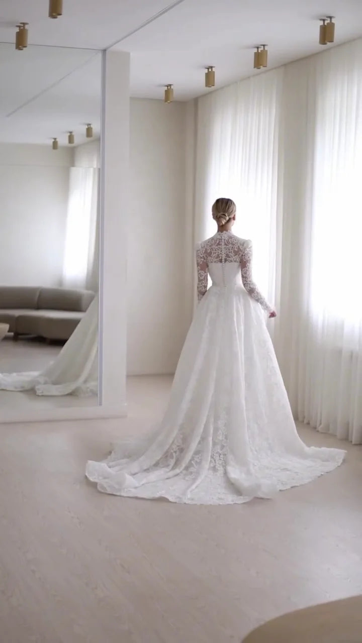 SoDigne A-line Boho Lace Wedding Dress Full Sleeves Square Collar Bride Dresses Long Bridal Gowns Vestidos De Novia Customized