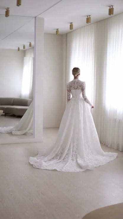 SoDigne A-line Boho Lace Wedding Dress Full Sleeves Square Collar Bride Dresses Long Bridal Gowns Vestidos De Novia Customized