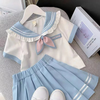 Summer Children Girls Student Uniform Set kids JK Mandarin Collar T-shirts and Pleated Skirts 2 Pieces Suit Kid School Uniform