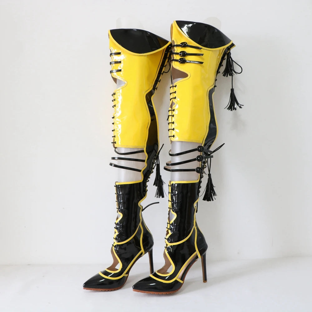Sorbern Sexy Yellow Black Boots Women Over The Knee Lace Up Back Contrast Colors Pointed Toe Stilettos High Heels Custom Legs