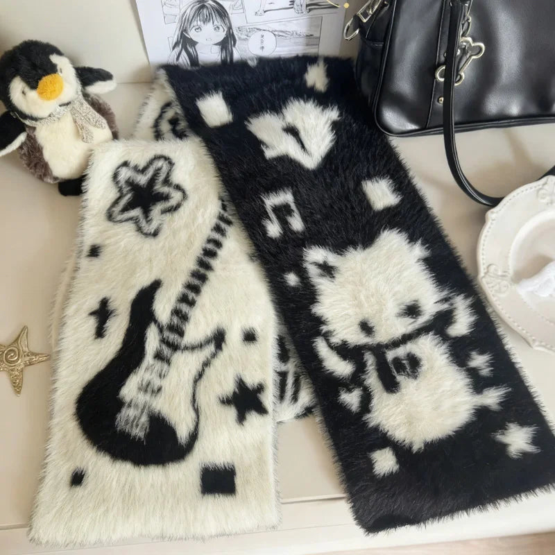 Y2K Guitar Cat Scarves for Women Winter Simulated Mink Fur Long Scarves Japanese Double-sided Knitted Long Luxury Mink Fur Wrap