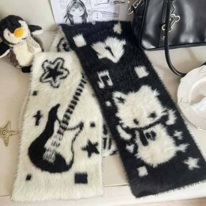 Y2K Guitar Cat Scarves for Women Winter Simulated Mink Fur Long Scarves Japanese Double-sided Knitted Long Luxury Mink Fur Wrap