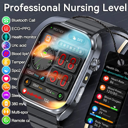 2026New ECG+PPG Clock Health Trackr 2.0 inch Uric Acid Blood lipids Pressure Smart Watch Body Analysis Voice call Smartwatch Men