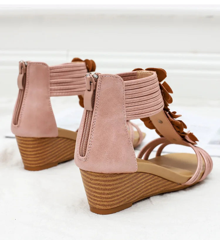 High quality leather flat sandals for women 5cm mid heel flower summer 2026 36 42 open toe vintage beach shoe black pink beige