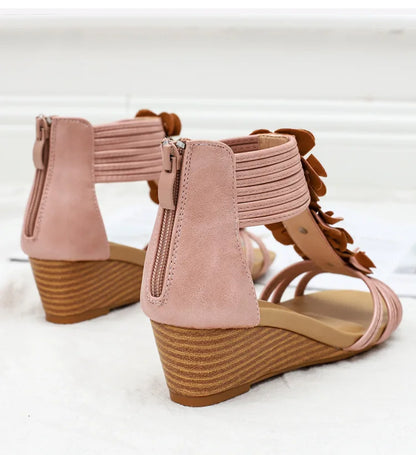 High quality leather flat sandals for women 5cm mid heel flower summer 2026 36 42 open toe vintage beach shoe black pink beige