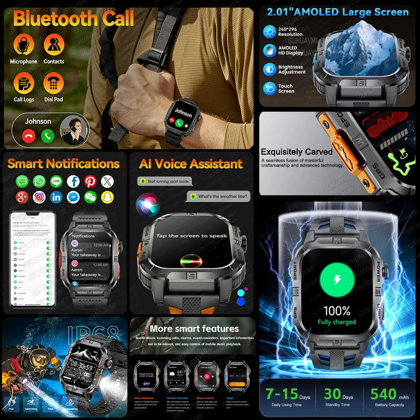 New Outdoor Military Men Smartwatch Equipped With GPS Sports LED Lighting, Compass, Wireless Communication IP68 Waterproof Watch