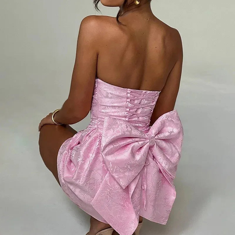 Evening Party Dresses Women 2026 Summer Sexy Fashion Bow Dress Elegant Jacquard Lace Up Backless Birthday Short Dress