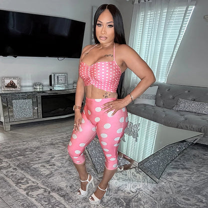 Polka Print Neck Strap, Tight Fitting Cropped Pants, Three Piece Headband Set