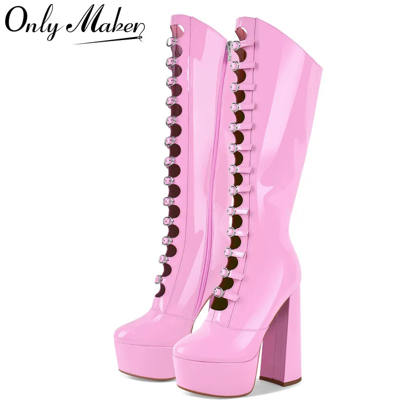 Onlymaker Women Pink Platform Multibuckle Strap Knee High Boots Big Size Comfy Female Side Zipper Mondern Boots