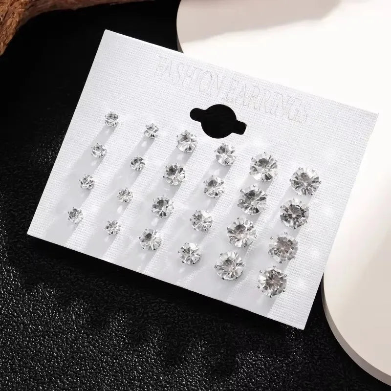 New 12 Pair Pack White Shiny Wedding Stud Earrings Set For Women Men Crystal Rhinestone Earrings Party Jewelry Accessories Gifts