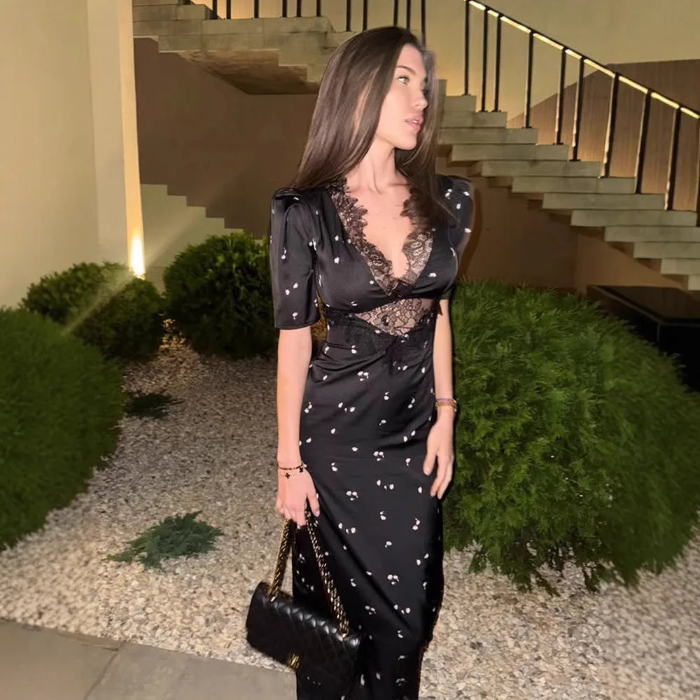 Polka Dot Backless Sexy Maxi Dress Women Gown Elegant Patchwork Lace Hollow out Deep V Neck Sleeveless Bodycon Club Party Dress