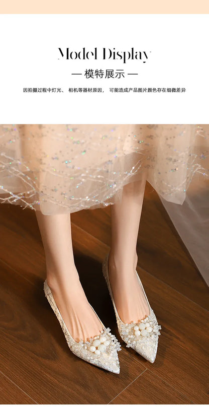 New Designer Low Heel Wedding Shoes Luxury Pearl Water Diamond Decoration Banquet Women's Shoes High Heel Women's Singles Shoes