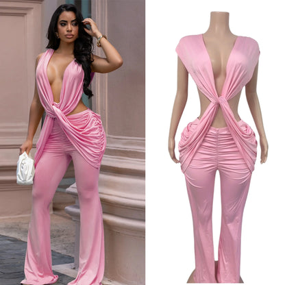 HLJ Sexy Solid Color Bodycon Jumpsuits Women Halter Deep V Neck High Waist Ruched Flare Rompers Party Club Streetwear Overalls