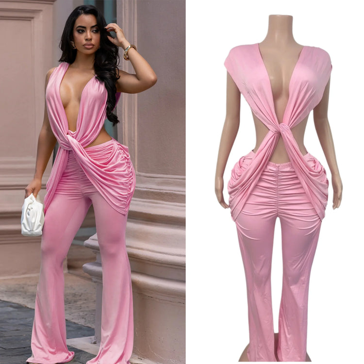 HLJ Sexy Solid Color Bodycon Jumpsuits Women Halter Deep V Neck High Waist Ruched Flare Rompers Party Club Streetwear Overalls