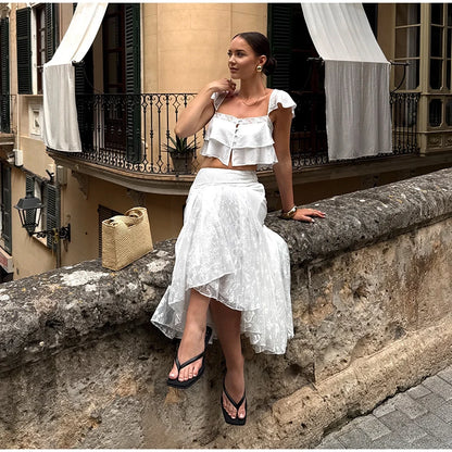 2026 Summer Fashion Square Neck Ruffled Crop Top & Pleated Midi Skirt 2-Piece Set Elegant Boho Resort Vacation Casual Outfits