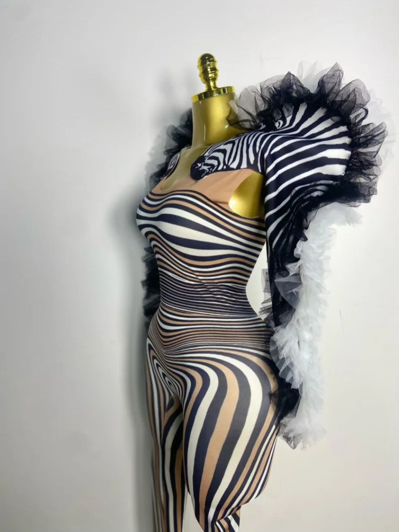 Women Long Sleeve Zebra Stripes Bodycon Jumpsuit Two Piece Set Birthday Party Nightclub Stage Performance Halloween Rompers