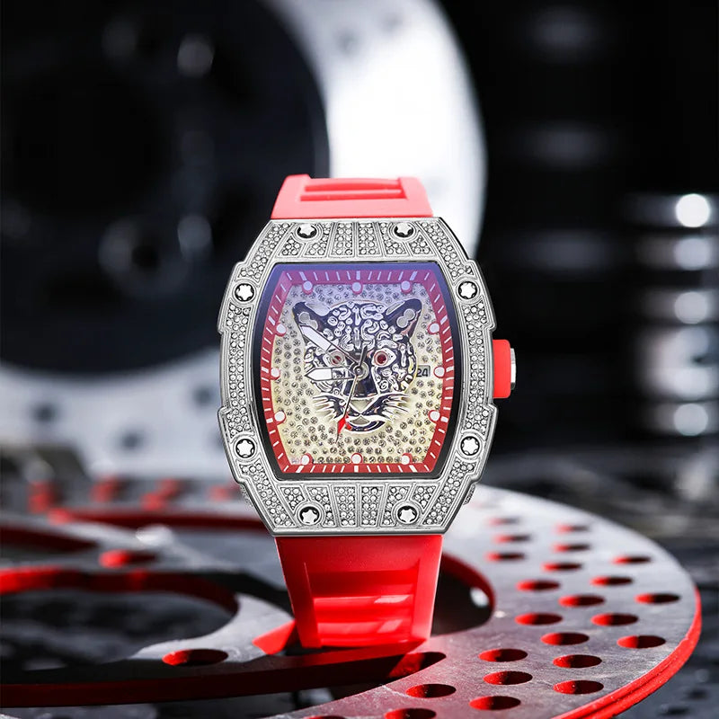 Tonneau Hollow Diamond Leopard Dial Quartz Watch Men Luxury Luminous Fashion Waterproof Rubber Sport Watches Men Steel Men Clock