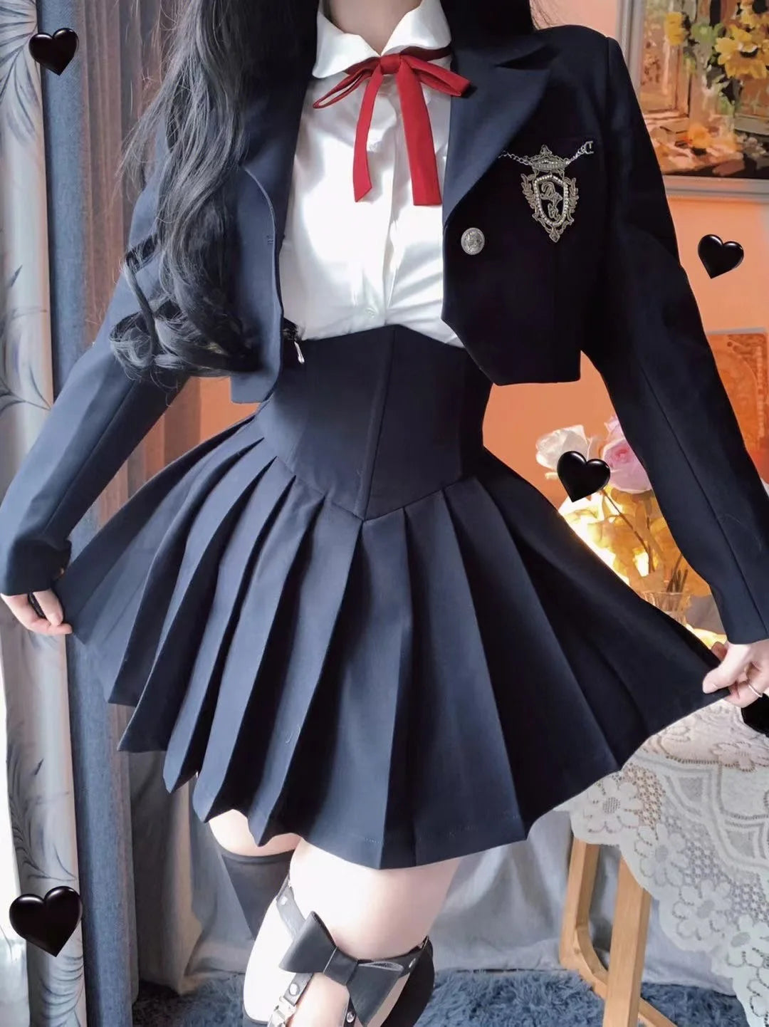 Spring 2025 Preppy Style American Uniform Set Girls Short Suit Coat Long Sleeve White Shirt Slim High Waist Pleated Skirt Navy