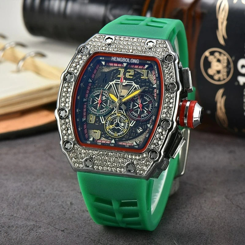 Hengbolong quartz watch men's popular wine barrel diamond-encrusted watch six-pin multi-function running second watch