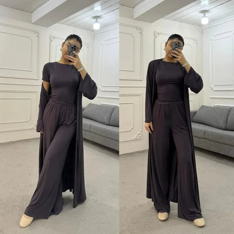 Women Cardigan Vest Wide Leg Pants 3 Piece Sets Top Long Coat Trousers Suit Office Lady Ensemble Spring Summer 2026 Outfits