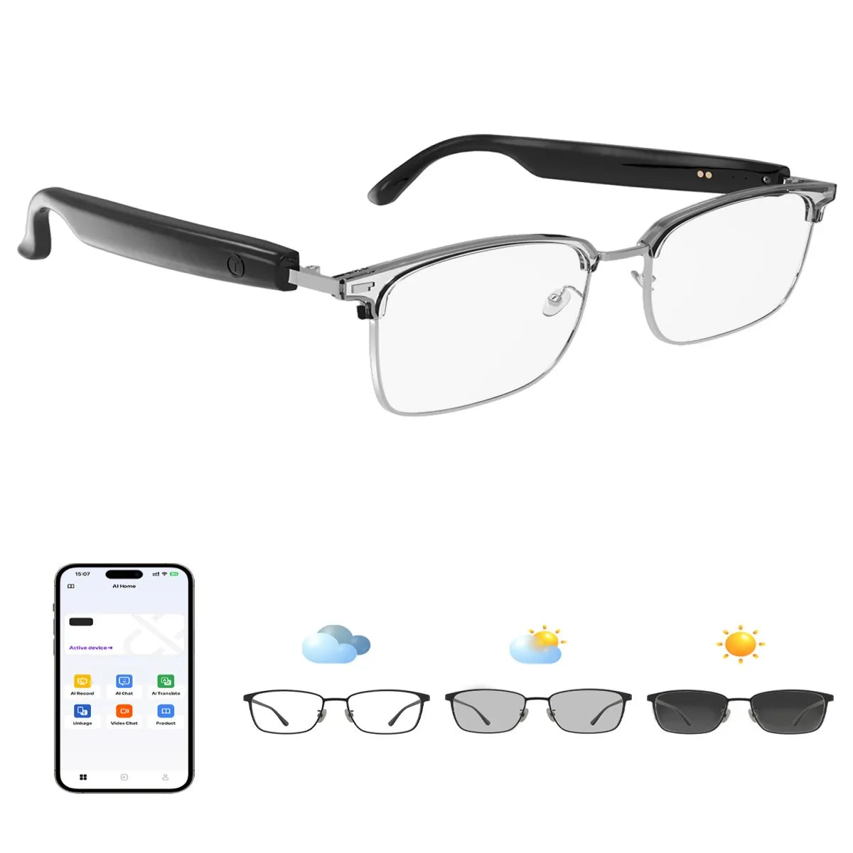 GS13 Smart Bluetooth Glasses with Color-Changing Lenses AI Translation & Open-ear Audio Hands-Free Calls for Travel And Work