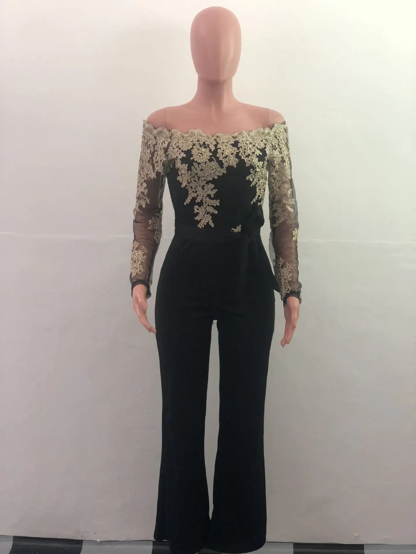 Womens Elegant Off Shoulder Long Pants Wide Leg Jumpsuits Floral Embroidery Lace See Through Cocktail Club Party Evening Rompers