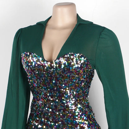 Sequined Club Pencil Jumpsuit Sexy Women V-neck Bodycon Autumn Sequins Party Overalls Romper