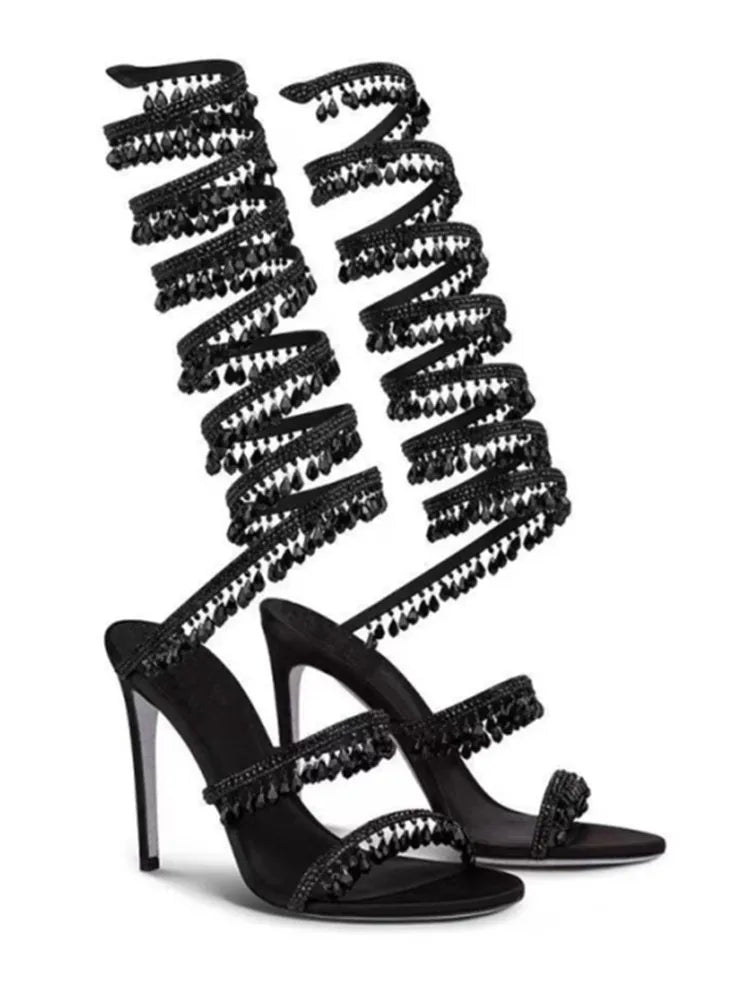 2026Women's New Water Diamond Sandals Fashion Tassel Crystal Shoes Sexy Banquet Party Twin Stiletto Women's Large Sandals