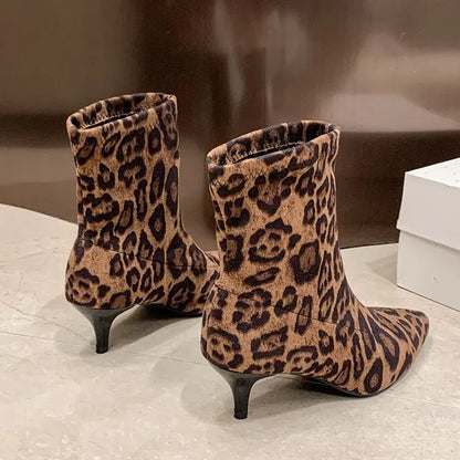 Brand Design Leopard Elastic Boots Women 2025 Winter Sexy Pointed Toe High Heel Party Boots Womens Dress Pumps Fashion Booties
