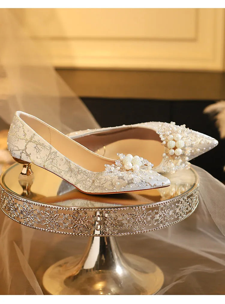 New Designer Low Heel Wedding Shoes Luxury Pearl Water Diamond Decoration Banquet Women's Shoes High Heel Women's Singles Shoes