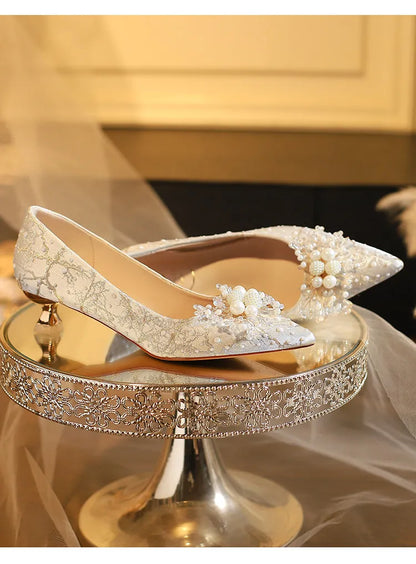 New Designer Low Heel Wedding Shoes Luxury Pearl Water Diamond Decoration Banquet Women's Shoes High Heel Women's Singles Shoes