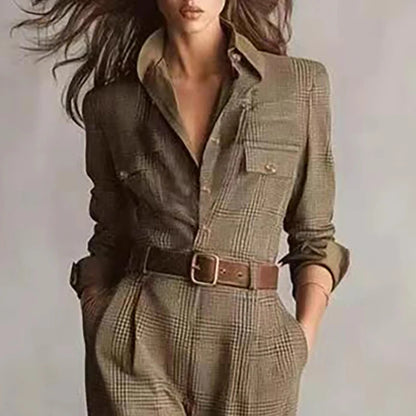 Vintage Plaid Print High Waist Jumpsuits Woman Elegant Shirt Collar Button Slim Bodysuit Fall Long Sleeve Pocket Romper Overalls