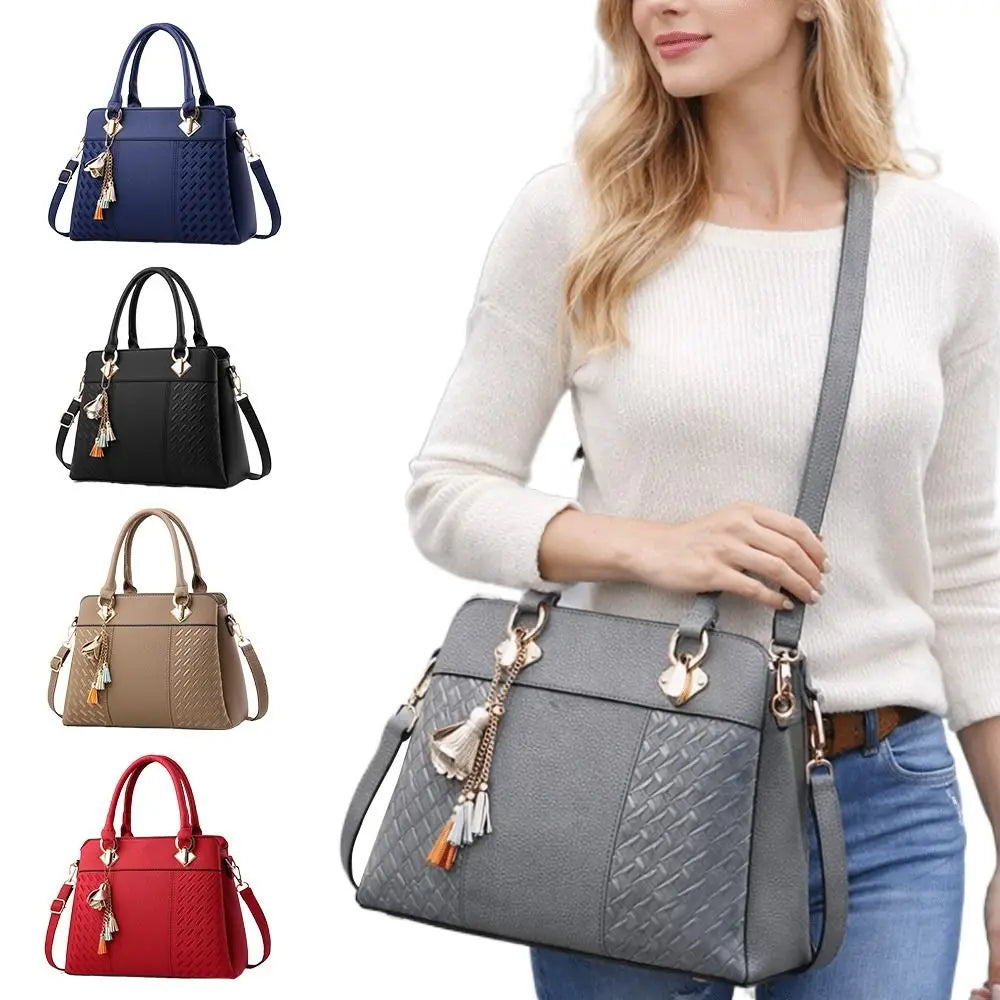 Casual PU Leather Shoulder Bags with Pendant Solid Color Ladies Handbags Large Capacity Embossed Crossbody Bag