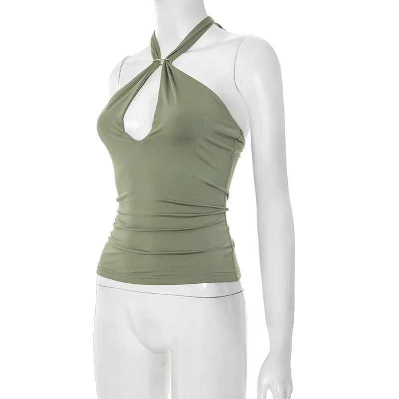 Women'S Solid Color Hanging Neck Tie Hollow Out Metal Ring Strapless Backless Tank Top Summer New Fashion Street Tank