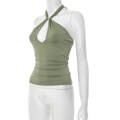 Women'S Solid Color Hanging Neck Tie Hollow Out Metal Ring Strapless Backless Tank Top Summer New Fashion Street Tank