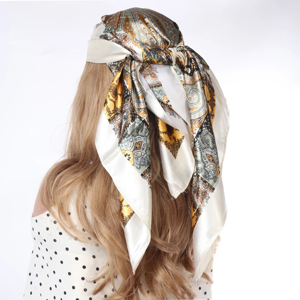 New 90*90cm Retro Brand Women Silk Scarf Bandanna Fashion Bohemian Pattern Square Hijab Lady Wrap Headband Foulard Muffler