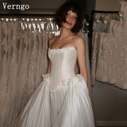Verngo Modern Satin Wedding Dress Strapless Pleated Simple Bridal Gowns Women Classy Sweep Train Bride Dresses Customized