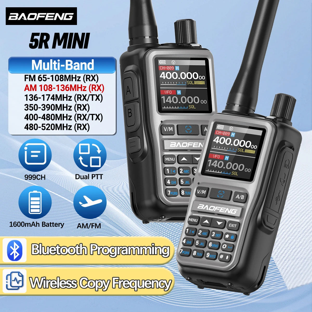 BAOFENG UV-5R Mini Walkie Talkie Multi Band Bluetooth Programming Wireless Copy Frequency 999CH AM FM Long Range Two Way Radio