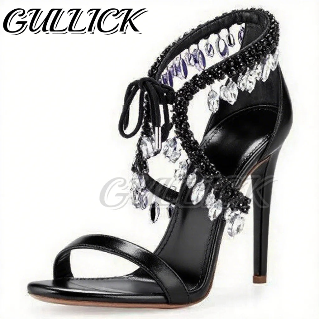 Rhinestones Heeled Sandals Crystal Heels Open Toe One Strap Women Luxury Designer Shoes Summer Elegant Sandalias De Mujer 2025
